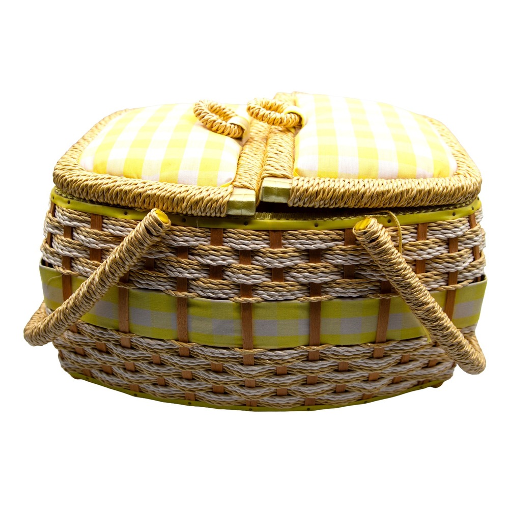 Vintage JCPenney Sewing Basket Woven Wicker Yellow Gingham Double Lid‎